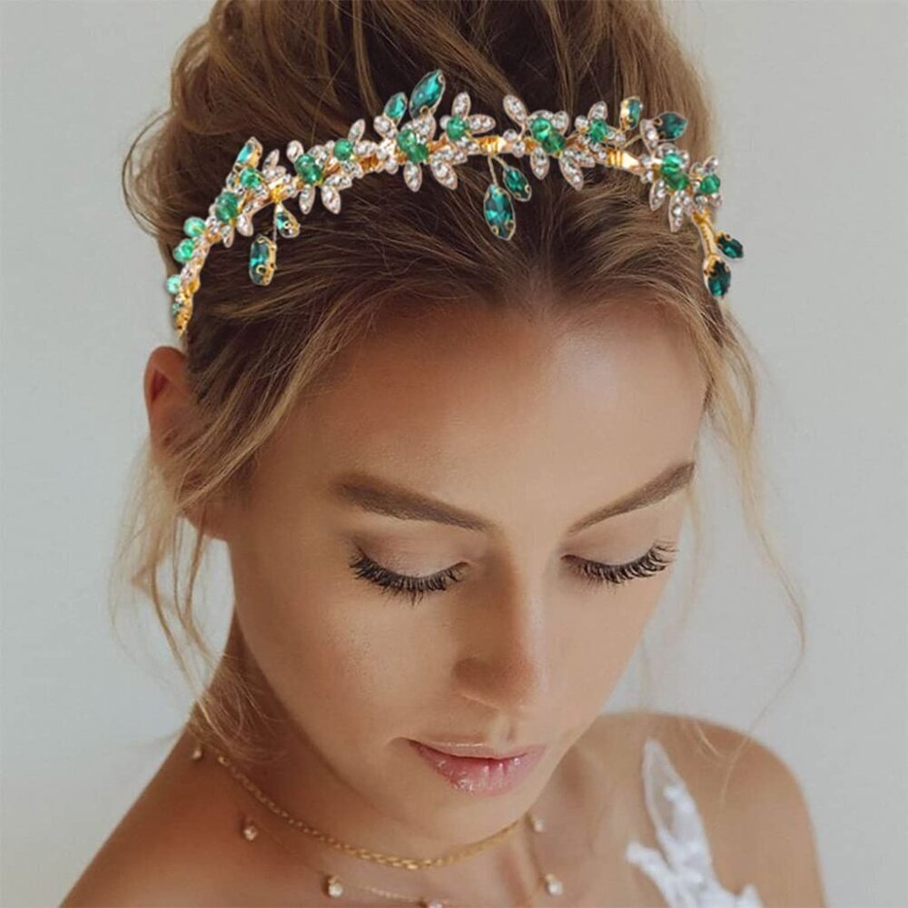 Emerald Green Rhinestone Headband Gold Floral Bridal Party Formal Accessory